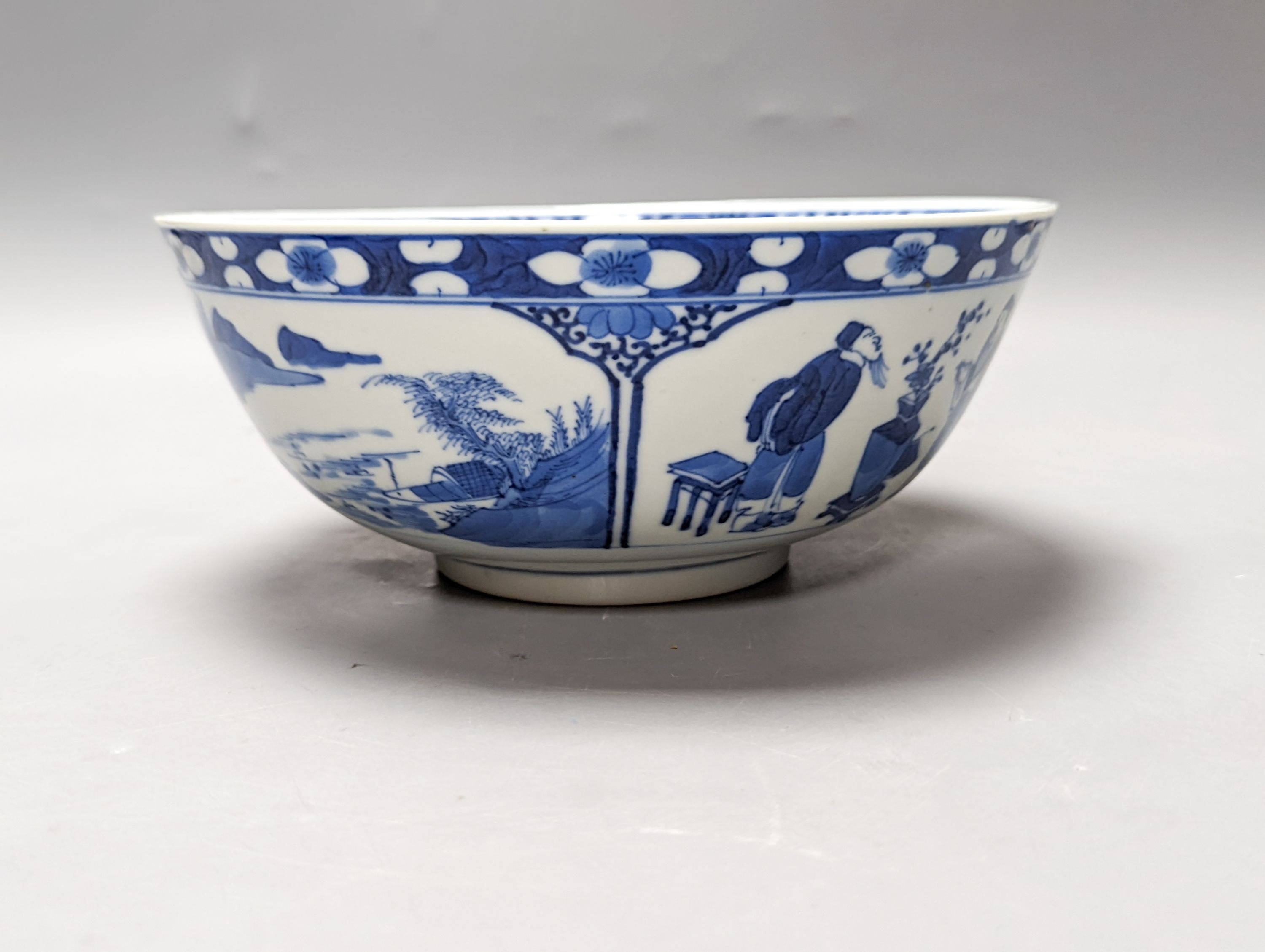 A 19th century Chinese porcelain bowl, transfer printed pillow, a Japanese Imari jar and cover and three Imari plates 21cm
